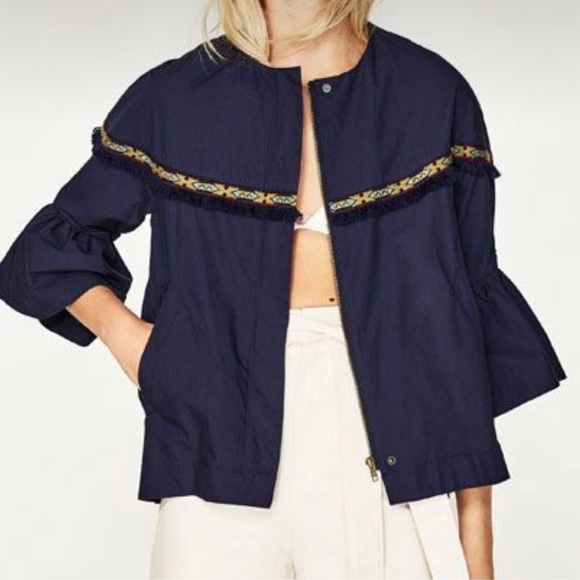 Zara Jacket Embroidered Fringe Aztec Boho Zip Up Casual Western Chic Navy Small - Picture 12 of 12